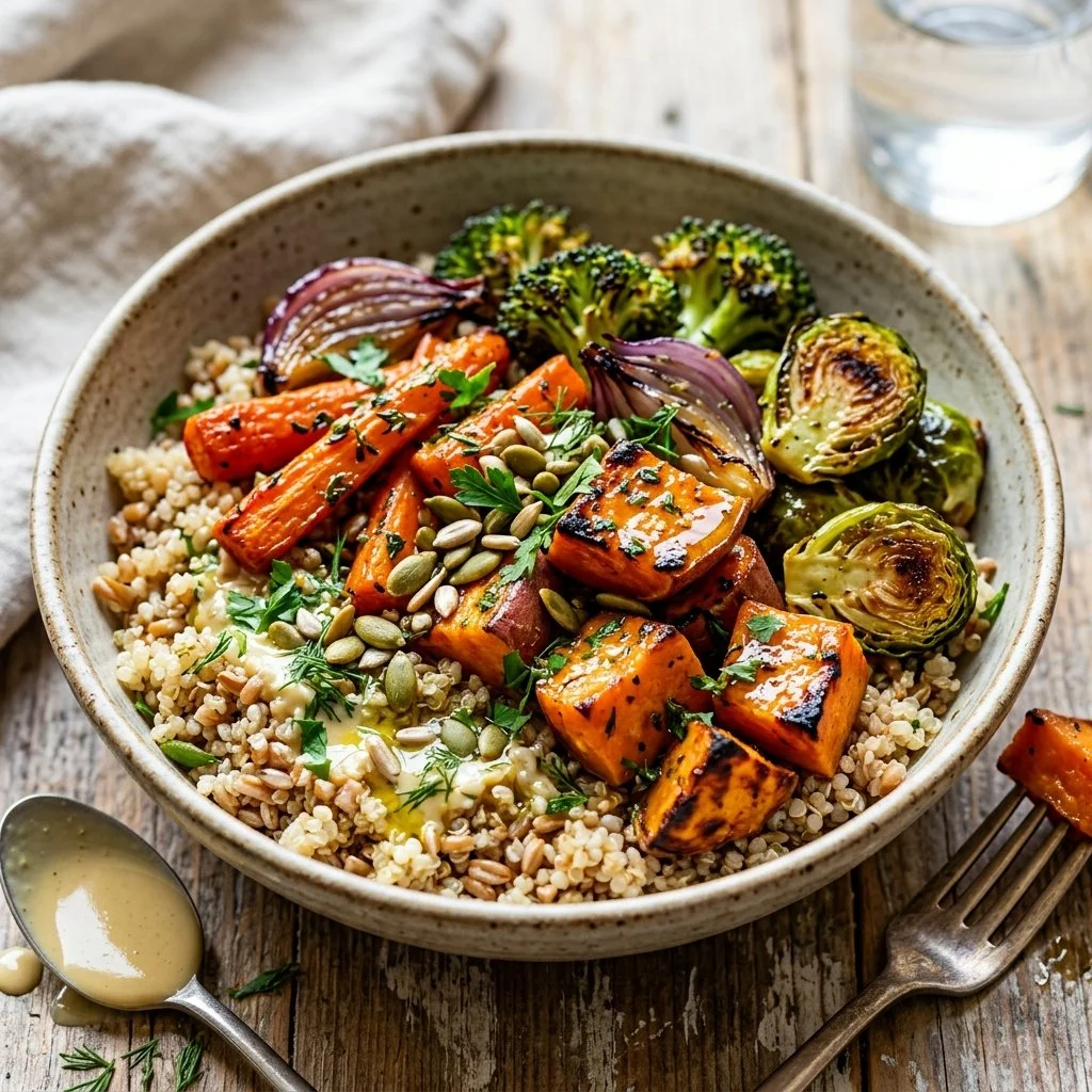 Colorful roasted vegetable grain bowl topped with fresh greens and seeds.