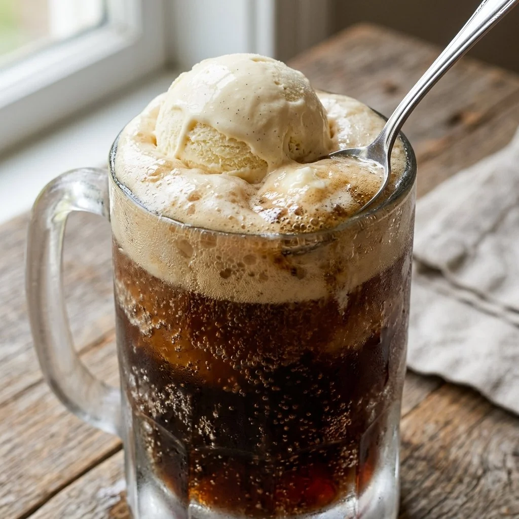 Refreshing root beer float topped with creamy vanilla ice cream in a glass