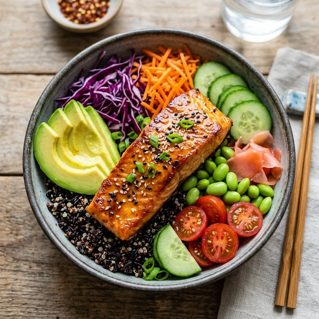 Delicious Salmon Buddha Bowl with fresh vegetables and grains