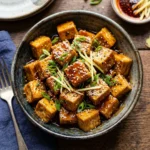 Sesame Ginger Tofu served with vegetables and garnished with sesame seeds