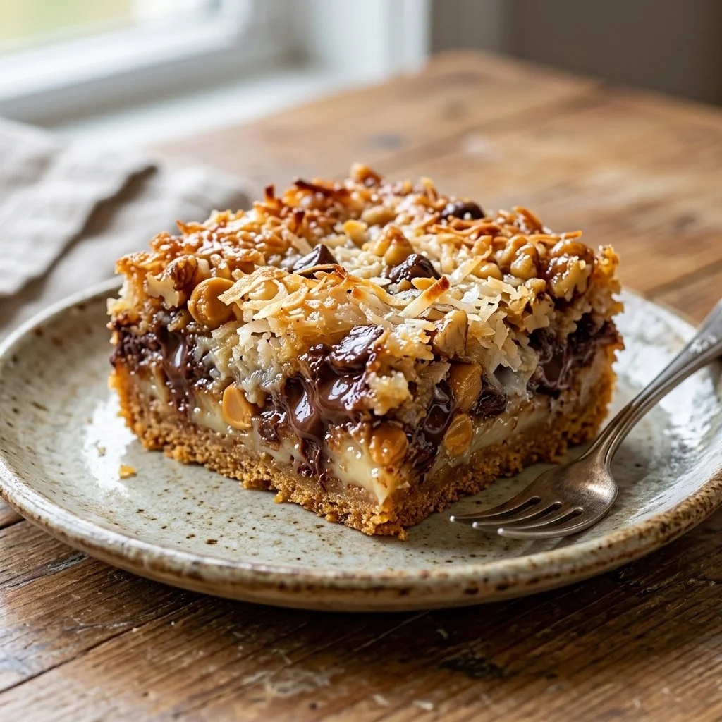 Delicious Seven Layer Bars with layers of chocolate, coconut, and nuts.