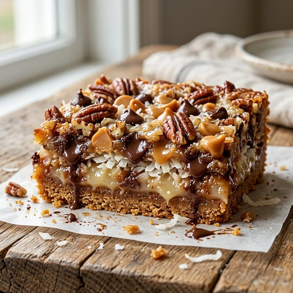 Deliciously layered Seven Layer Bars with chocolate, coconut, and nuts.
