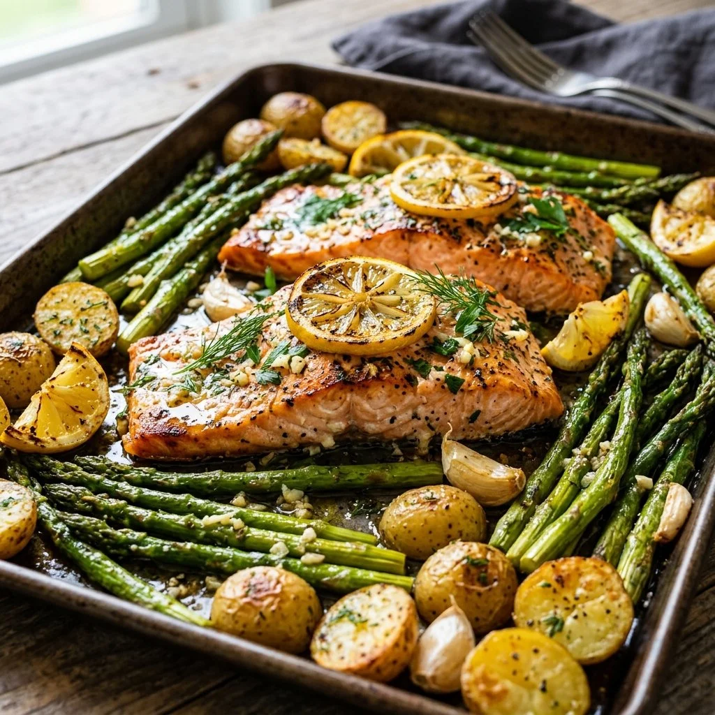 Sheet Pan Lemon Salmon with fresh herbs and lemon slices