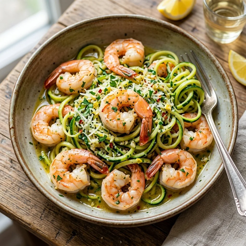 Plate of shrimp scampi with zucchini noodles garnished with herbs