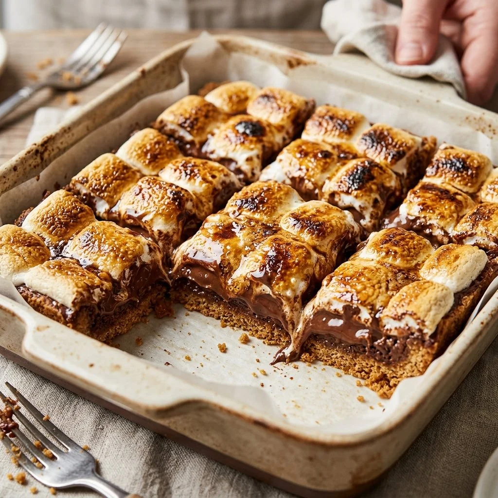 Delicious S'mores Bars with melted chocolate and marshmallows.