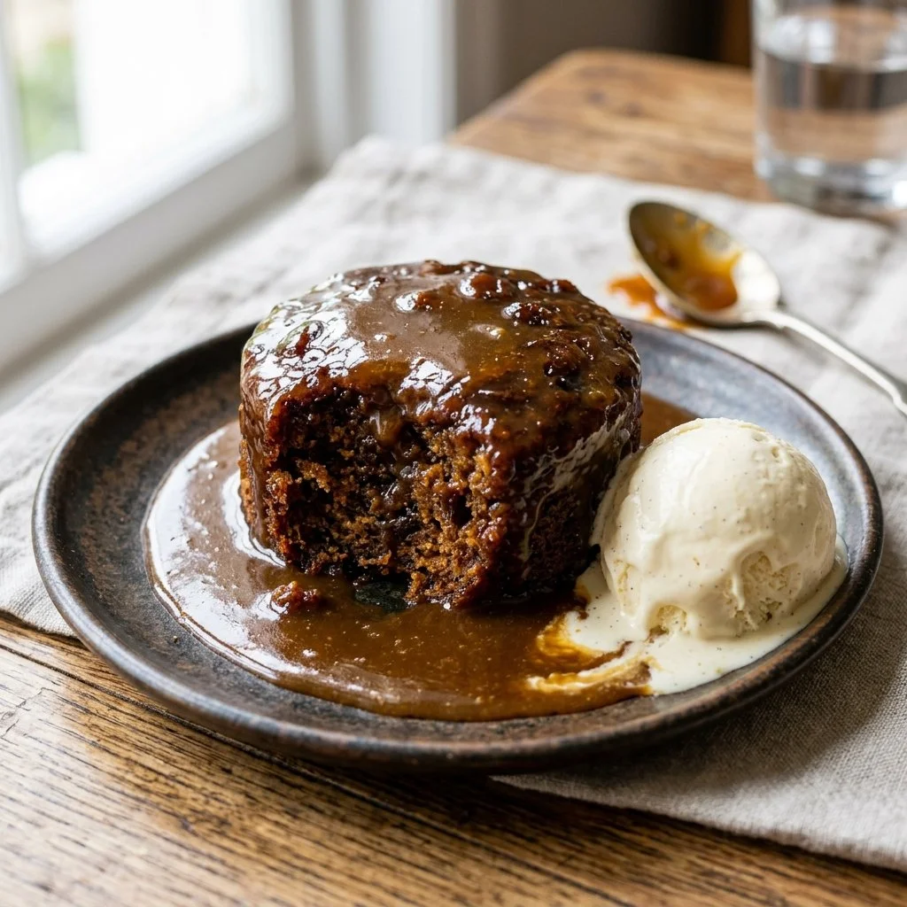 Delicious Sticky Toffee Pudding drizzled with toffee sauce and served with cream.