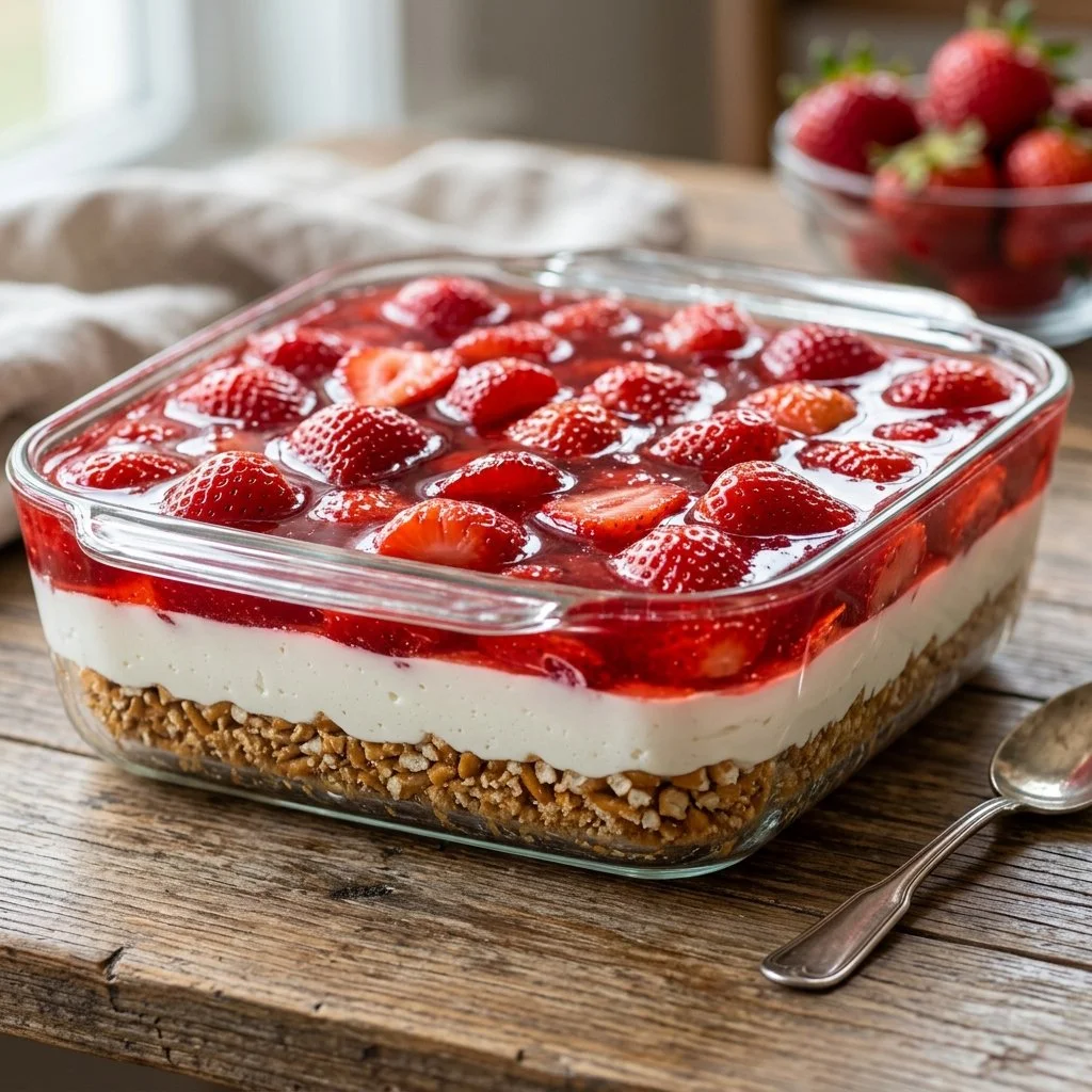 Delicious Strawberry Pretzel Salad with layers of strawberries, cream cheese, and pretzel crust.