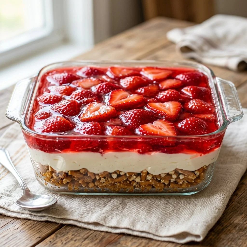 Delicious Strawberry Pretzel Salad with strawberries and pretzel crust.