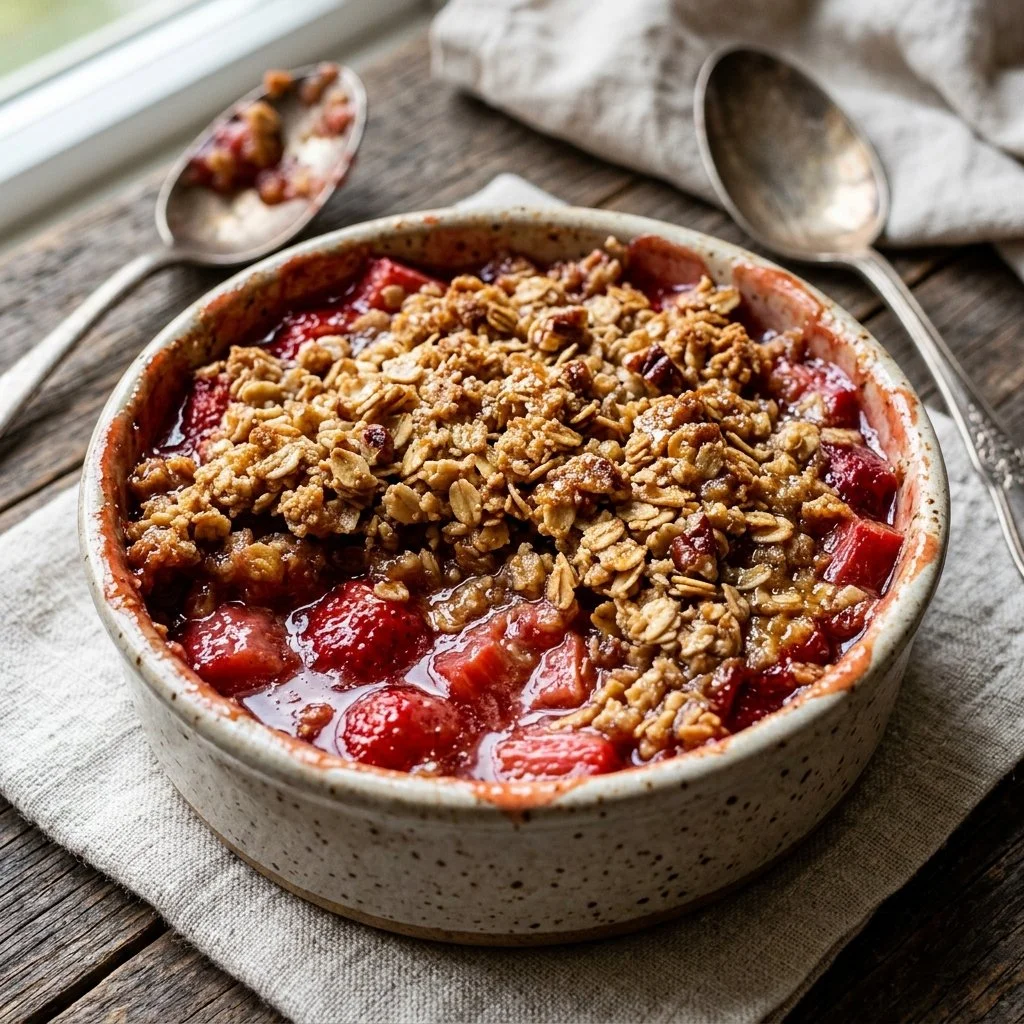 Delicious Strawberry Rhubarb Crisp topped with golden oats and served in a bowl