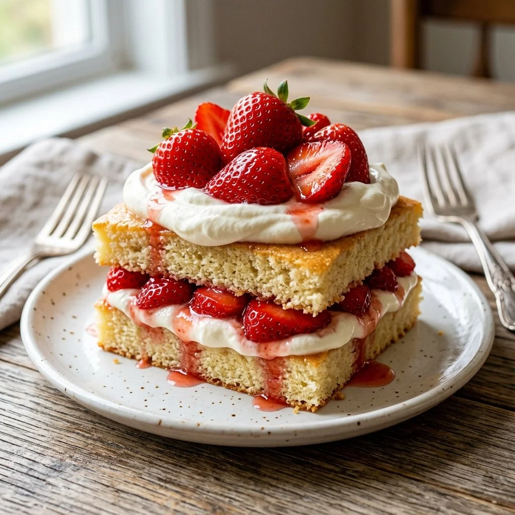 Delicious strawberry shortcake with fresh strawberries and whipped cream