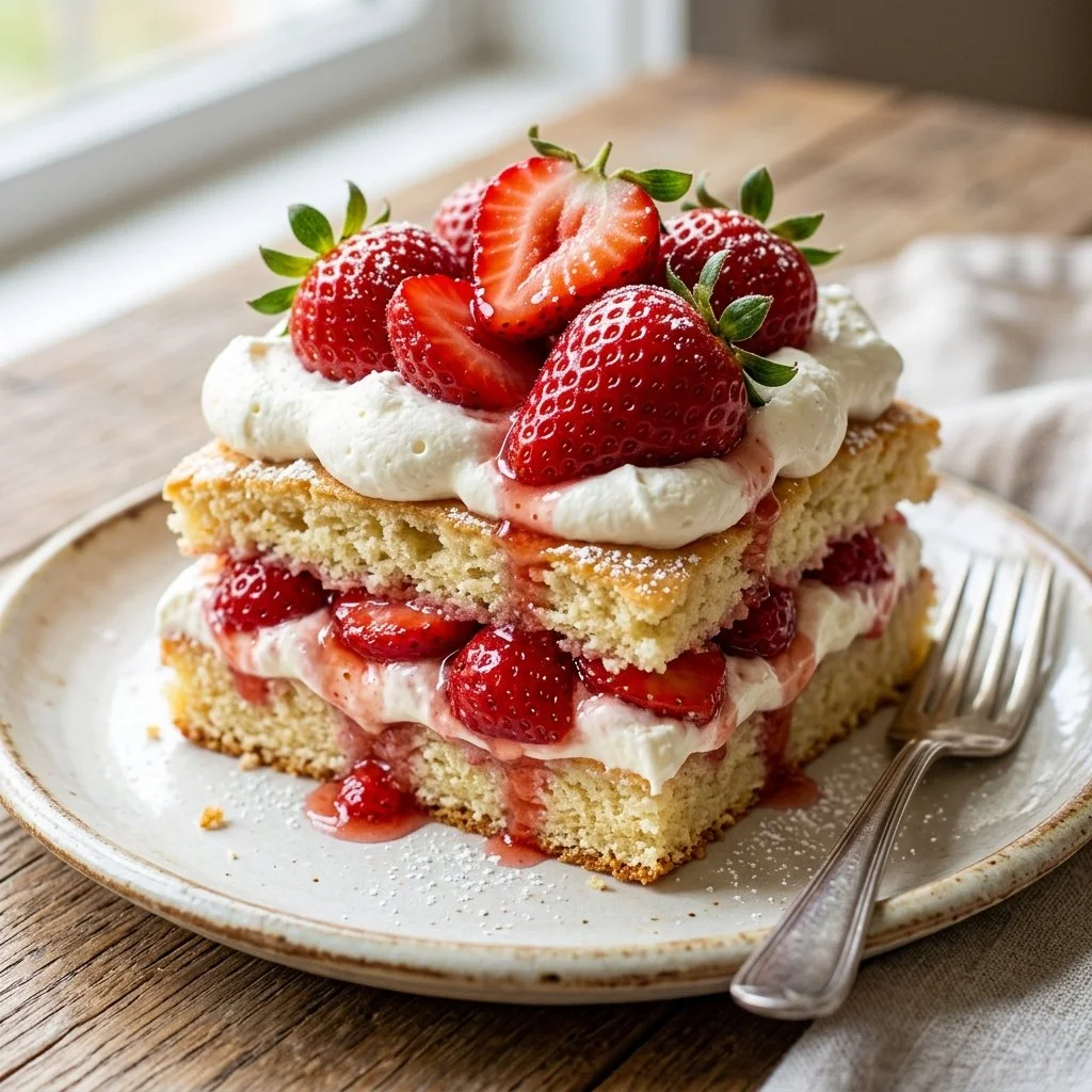A delicious slice of strawberry shortcake with fresh strawberries and whipped cream.