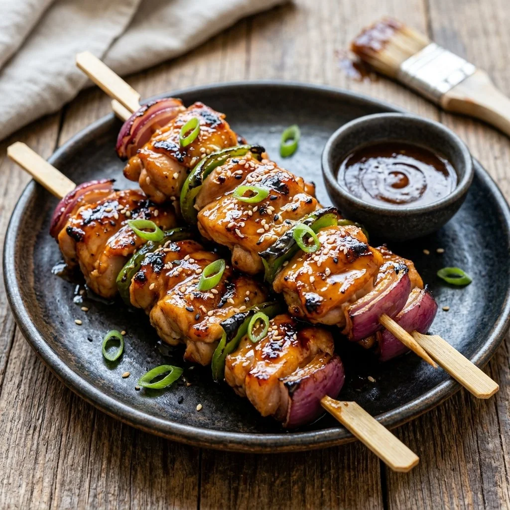 Grilled teriyaki chicken skewers on a wooden platter