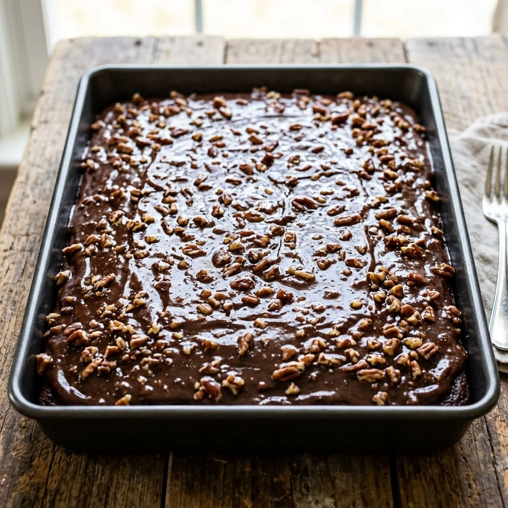 Delicious homemade Texas Sheet Cake served with chocolate frosting