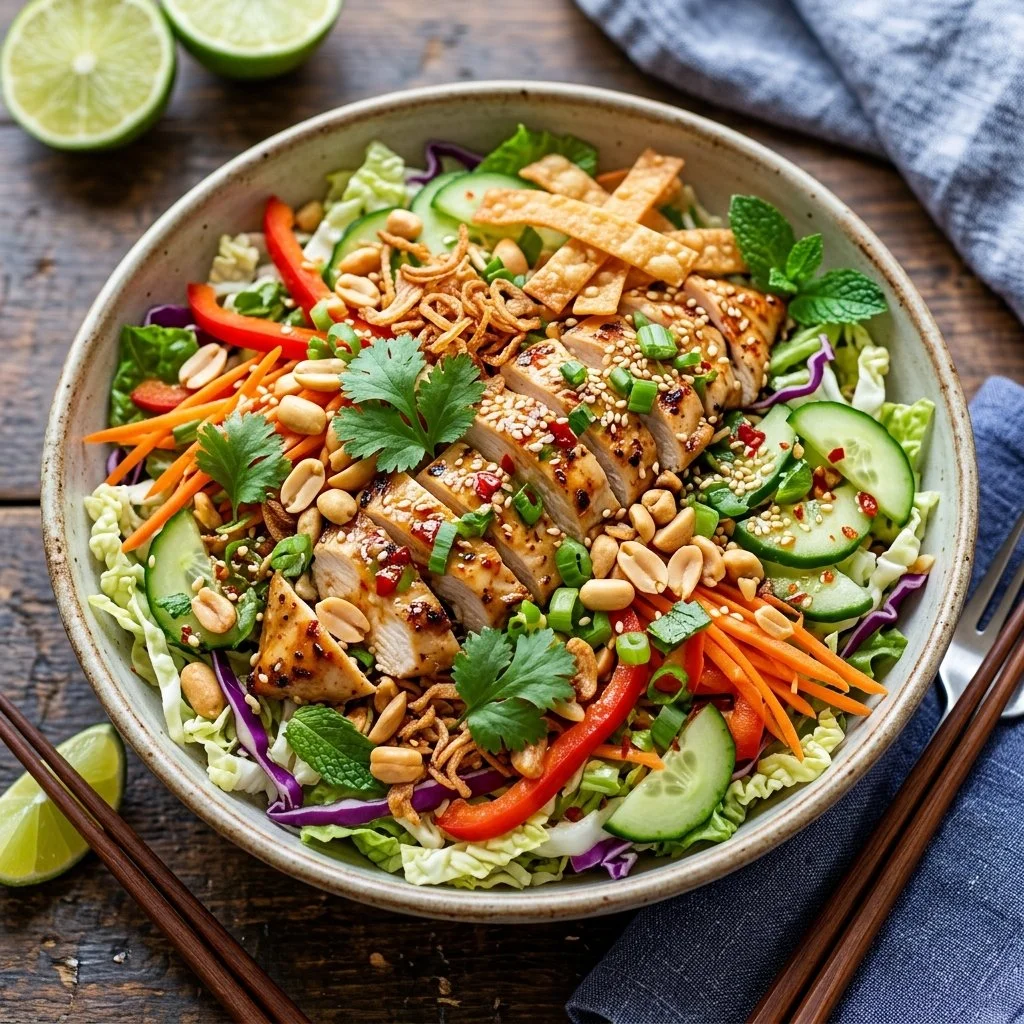 A colorful Thai Chicken Crunch Salad with chicken, veggies, and dressing