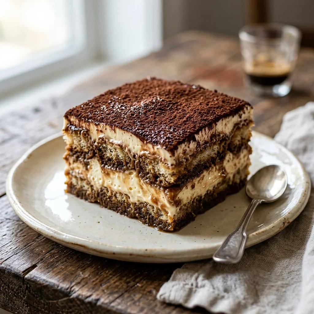 Delicious homemade tiramisu dessert layered with coffee and mascarpone.
