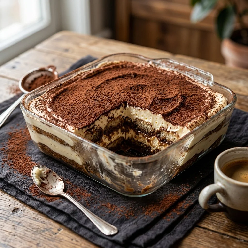Delicious homemade tiramisu dessert with coffee-soaked ladyfingers and mascarpone