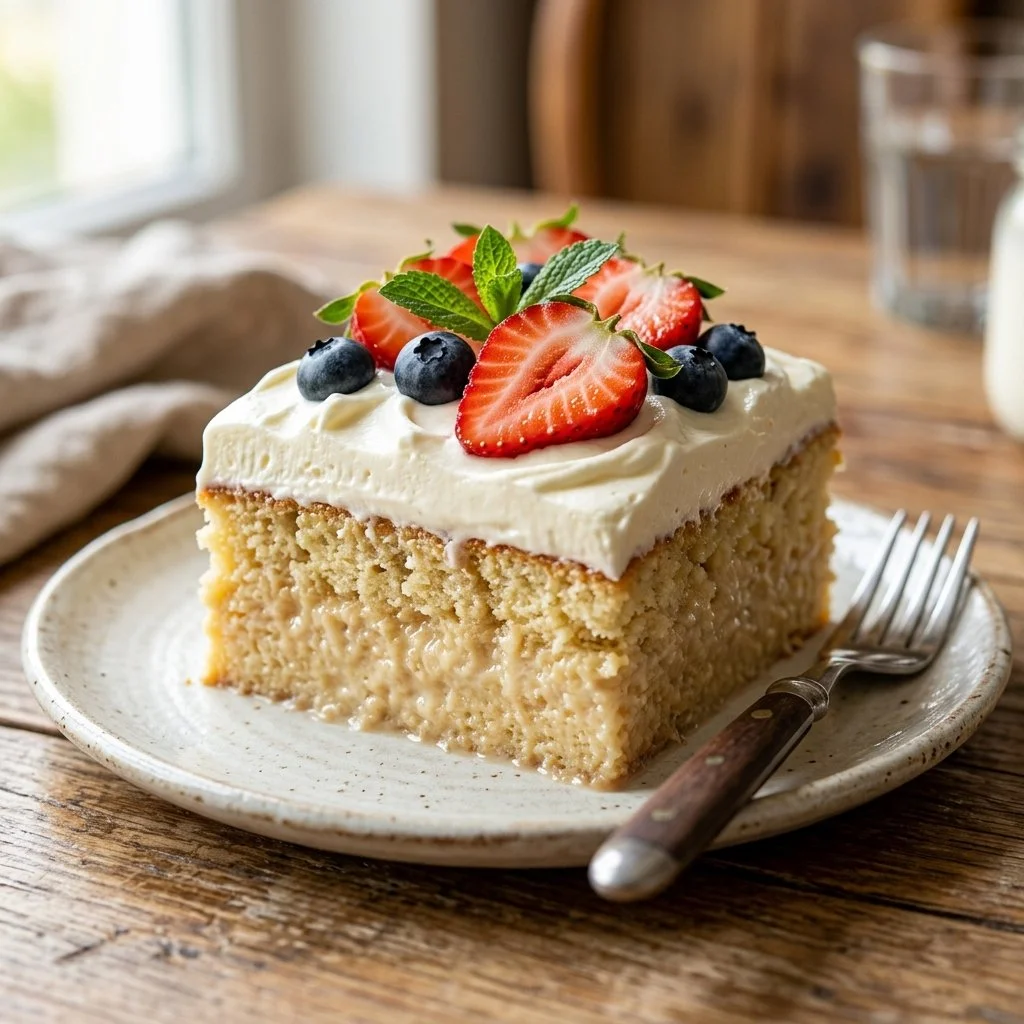 Slice of traditional Tres Leches Cake topped with whipped cream and fruit garnish.