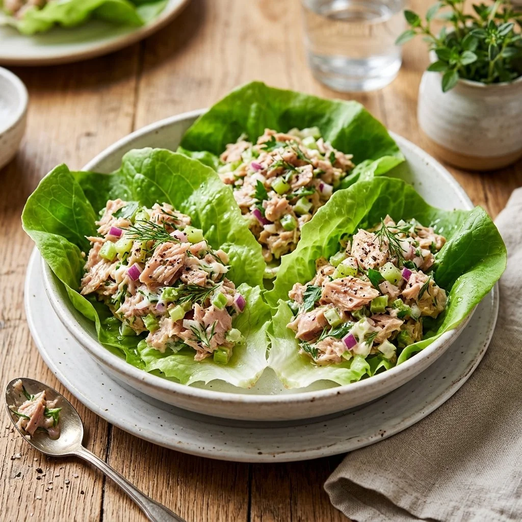 Healthy tuna salad lettuce wraps topped with fresh veggies