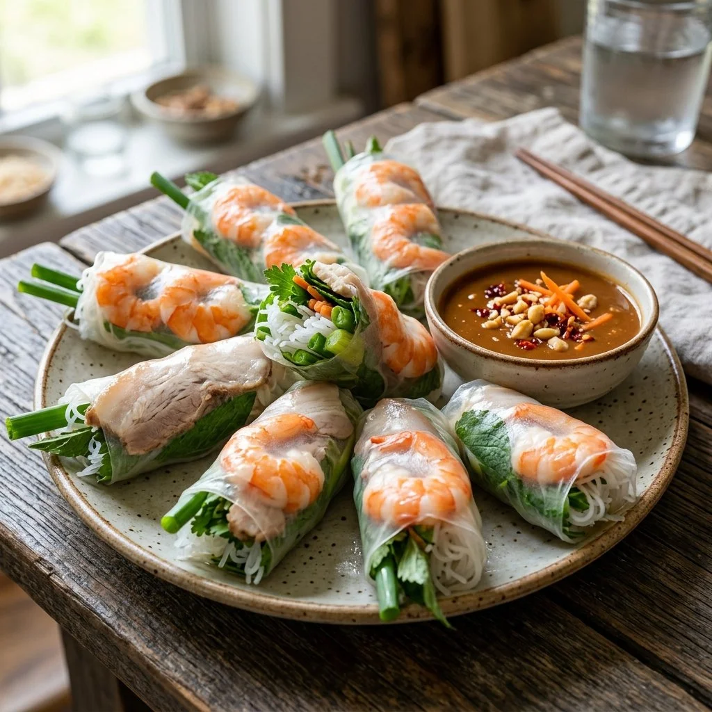 Delicious Vietnamese summer rolls filled with fresh vegetables and herbs