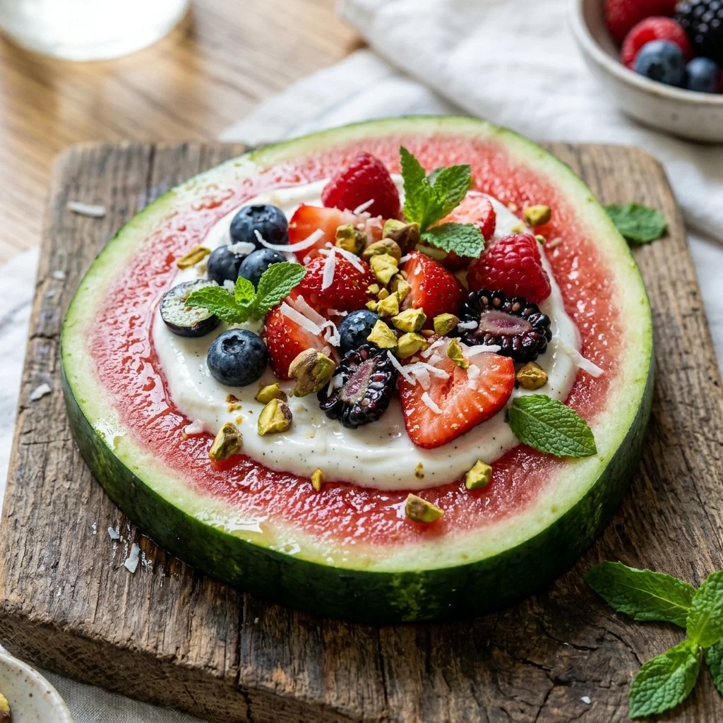 A colorful watermelon pizza topped with fruits and mint leaves.