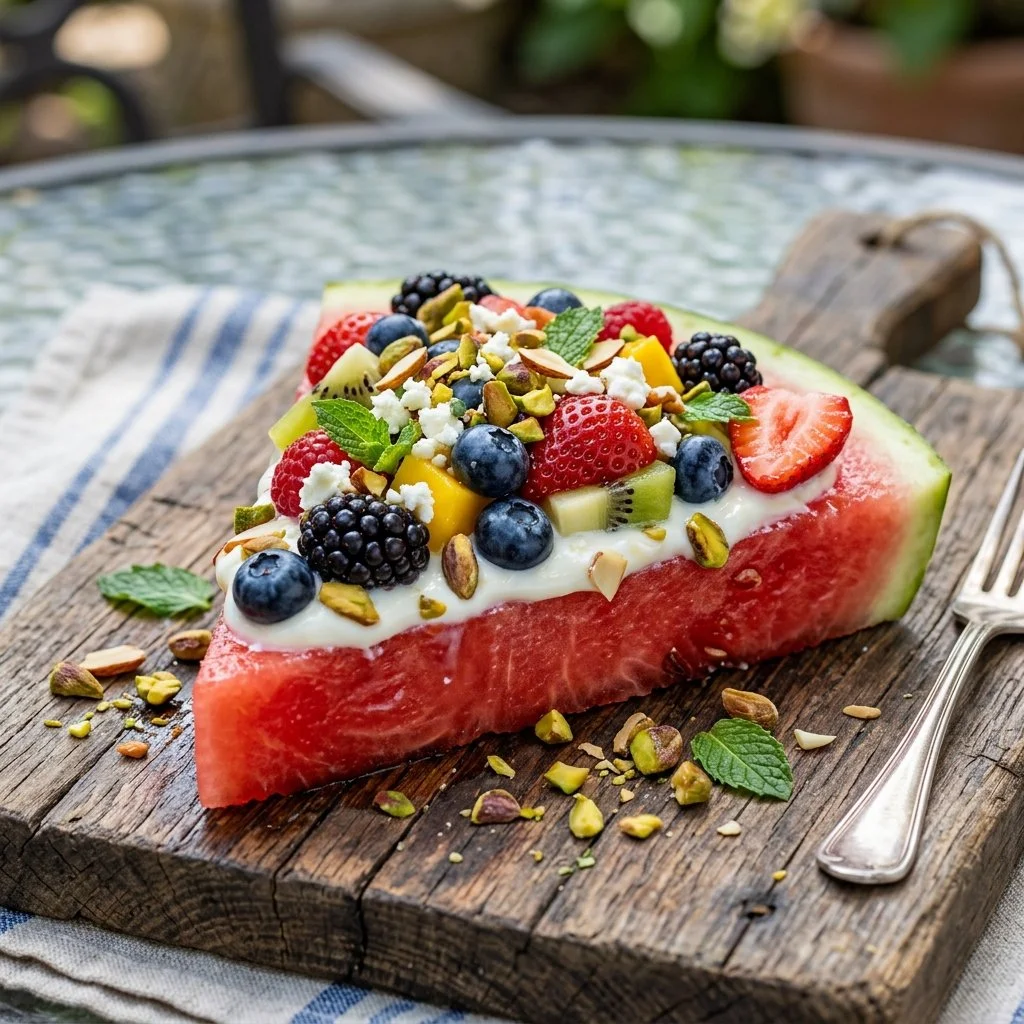 Delicious watermelon pizza topped with fruits and mint leaves