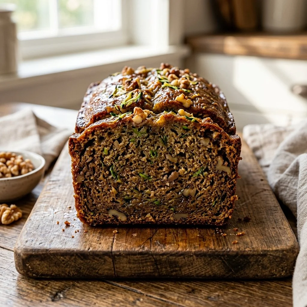 Freshly baked zucchini bread with slices on a wooden cutting board